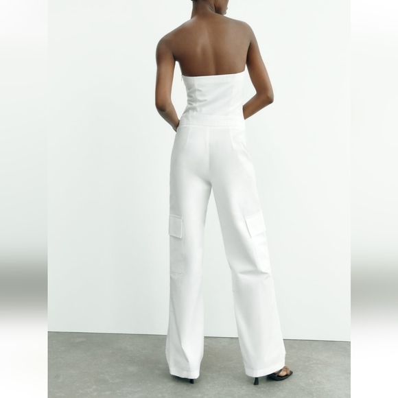 NWT Zara Strapless Utility Cargo Jumpsuit Wide White Long - Picture 12 of 16